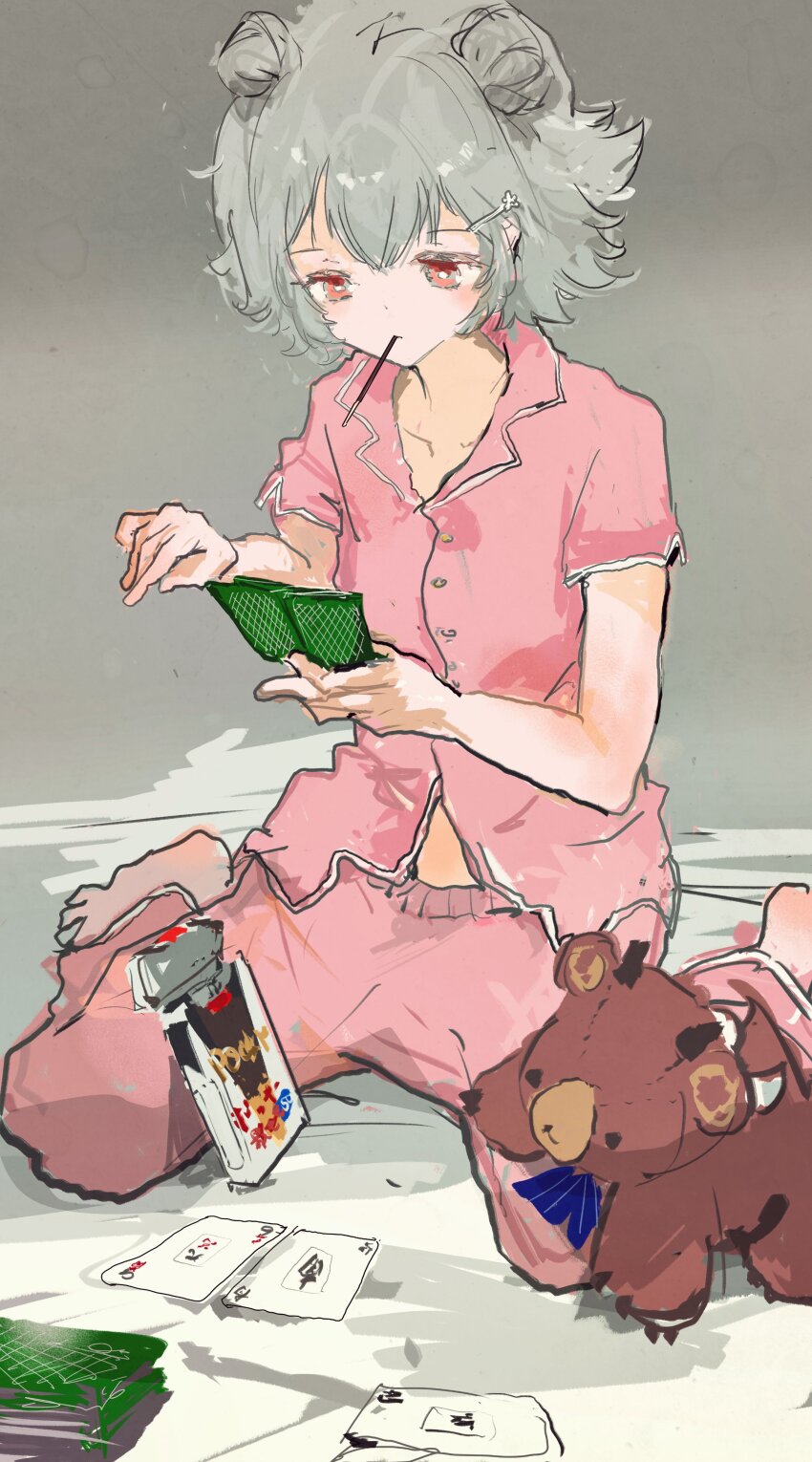 1girl absurdres barefoot card card_game cevio double_bun food food_in_mouth foot_out_of_frame grey_hair hair_bun highres holding holding_card kabuyama_kaigi koharu_rikka lakiston looking_at_object looking_down midriff_peek pajamas pants pink_eyes pink_pajamas pink_pants pink_shirt playing_card playing_games pocky pocky_in_mouth shirt short_hair short_sleeves sitting solo stuffed_animal stuffed_toy synthesizer_v teddy_bear wariza