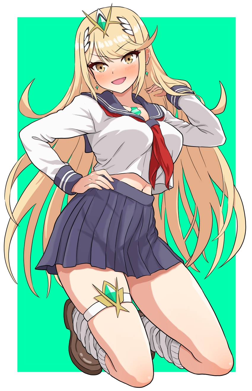 absurdres alternate_costume blonde_hair highres miniskirt mythra_(xenoblade) school_uniform skindentation skirt solo xenoblade_chronicles_(series) xenoblade_chronicles_2 yellow_eyes yoshikirino