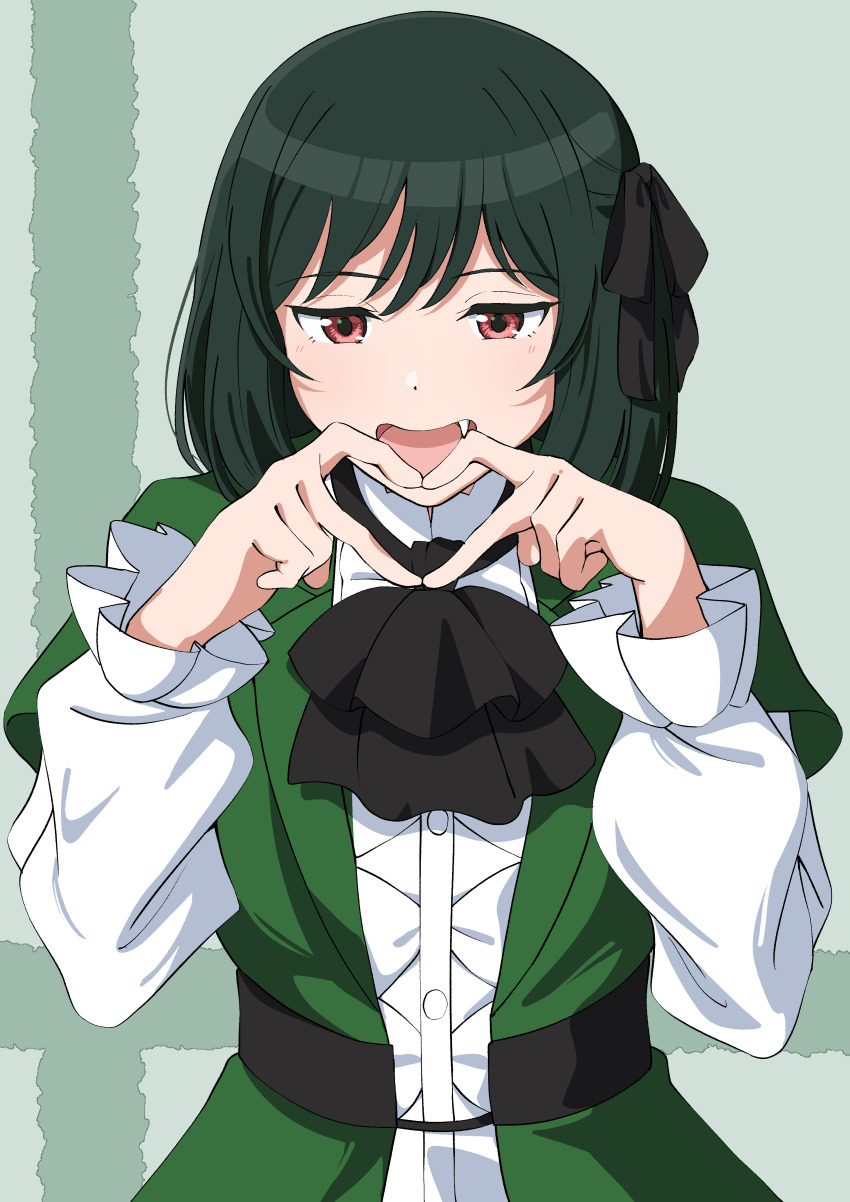 1girl absurdres ascot black_ascot black_ribbon center_frills coat commentary fang four-finger_heart_hands frills green_coat green_hair hair_ribbon heart heart_hands highres koufukuron_(love_live!) layered_sleeves long_sleeves looking_at_viewer love_live! love_live!_nijigasaki_high_school_idol_club medium_hair mifune_shioriko official_alternate_costume open_clothes open_coat open_mouth pink_eyes ribbon shirt short_over_long_sleeves short_sleeves solo uchuu_no_mozuku upper_body white_shirt