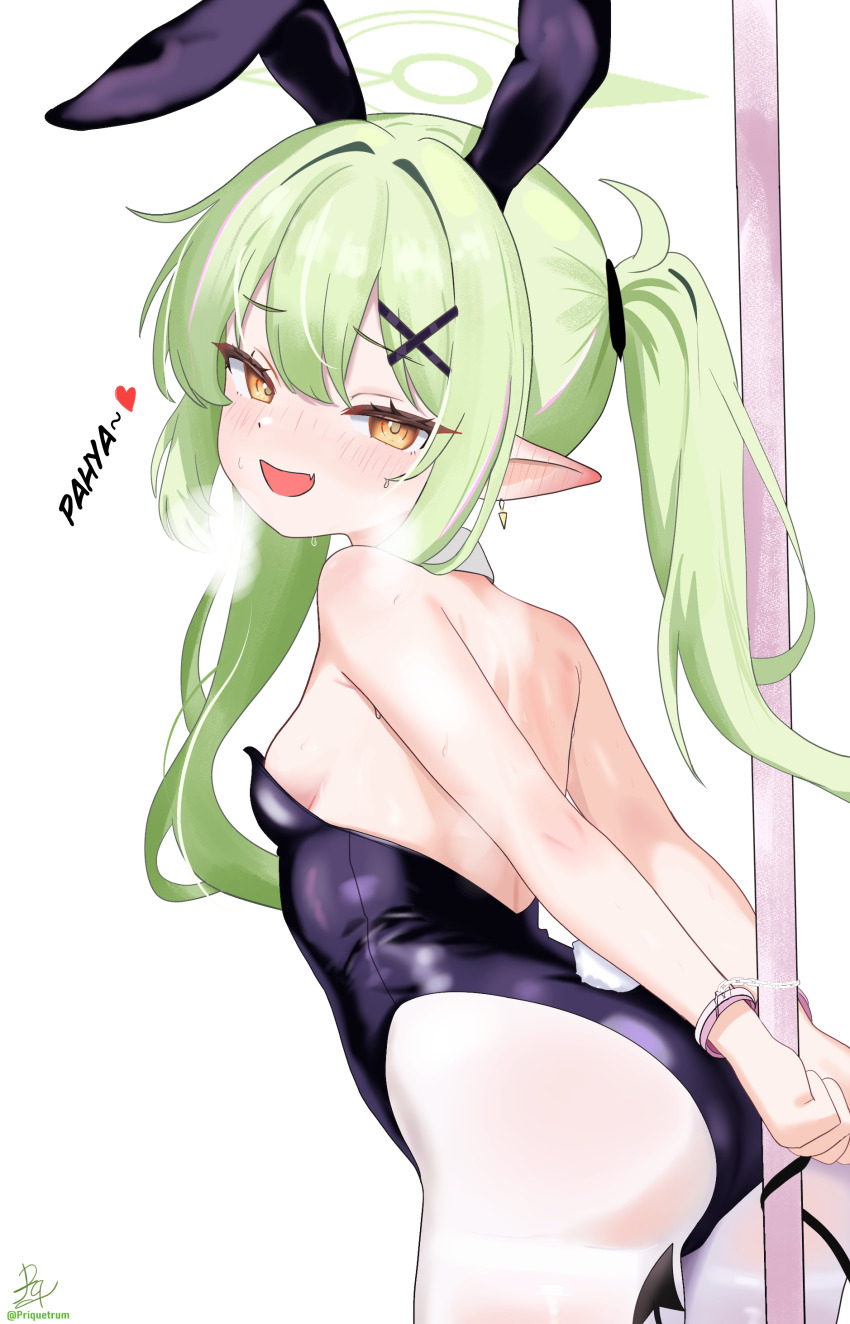 1girl absurdres animal_ears arms_behind_back black_leotard black_tail blue_archive blush bound bound_wrists breasts cuffs demon_tail detached_collar ear_blush fake_animal_ears green_hair green_halo hair_ornament halo handcuffs highres leotard loli looking_at_viewer nozomi_(blue_archive) open_mouth orange_eyes pantyhose playboy_bunny pointy_ears priquetrum rabbit_tail sideboob simple_background small_breasts solo strapless strapless_leotard tail twintails white_background white_pantyhose x_hair_ornament