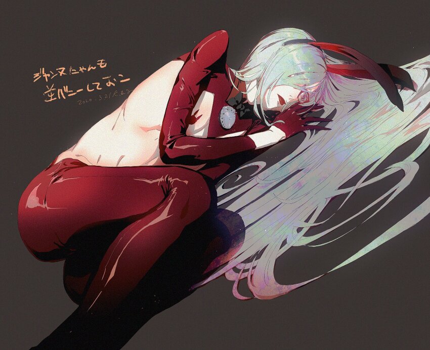 1girl amulet animal_ears bad_id bad_twitter_id bayonetta_(series) bayonetta_2 black_bow bodysuit bow dated detached_collar fake_animal_ears feet_out_of_frame film_grain glasses gloves grey_hair hair_over_one_eye jeanne_(bayonetta) kara_namako knees_up long_hair lying meme_attire official_alternate_hair_length official_alternate_hairstyle on_side rabbit_ears rabbit_pasties red-framed_eyewear red_bodysuit red_gloves red_lips reverse_bunnysuit reverse_outfit signature solo very_long_hair