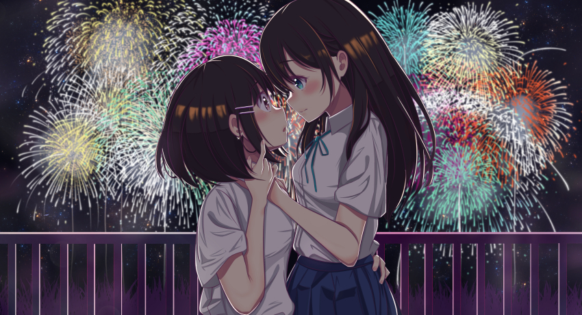 2girls absurdres aerial_fireworks arm_around_waist backlighting black_hair blue_eyes blue_ribbon blue_skirt blush breasts closed_mouth clothes_grab collared_shirt commentary_request couple earrings eye_contact fence fingernails fireworks grass hair_ornament hairclip hand_up highres iron_fence jewelry long_hair looking_at_another medium_breasts medium_hair multiple_girls neck_ribbon night night_sky nose_blush original parallel_hairclips parted_lips plaid_clothes plaid_skirt red_eyes ribbon shikinnsonn shirt shirt_grab short_sleeves sideways_mouth skirt sky split_mouth star_(sky) starry_sky upper_body white_shirt yuri
