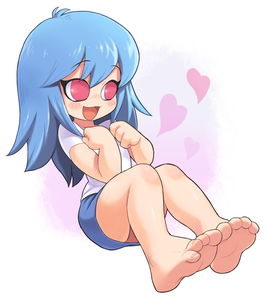 1girl bare_legs barefoot blue_hair blush feet foot_focus friday_night_funkin&#039; heart highres legs non-web_source open_mouth oyatsu_(mk2) pink_eyes shirt skirt sky_(friday_night_funkin&#039;) smile soles solo toes upskirt white_background white_shirt