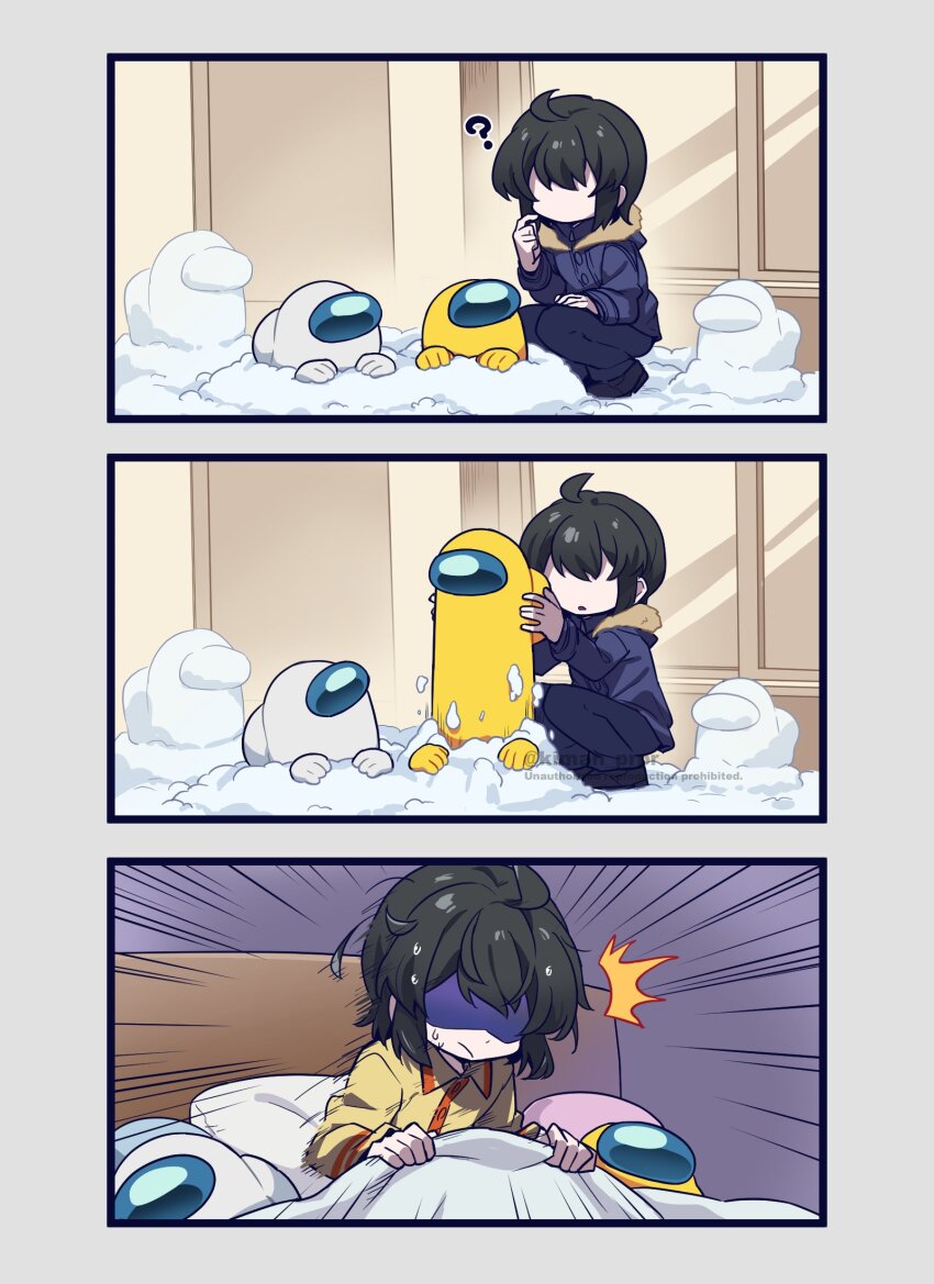 3koma 3others ? ahoge ambiguous_gender among_us androgynous bed black_footwear blanket blue_coat blue_pants brown_hair character_snowman coat comic commentary crewmate_(among_us) disembodied_hand emphasis_lines english_commentary faceless fur-trimmed_coat fur_trim glass_door highres holding holding_blanket kiman longcat_(meme) looking_at_another meme multiple_others orange_pajamas original pajamas pants pillow pulling shaded_face shoes sidelocks silent_comic snow spacesuit squatting striped_clothes striped_pajamas sweat they_(kiman) waking_up white_(among_us) yellow_(among_us) yellow_pajamas