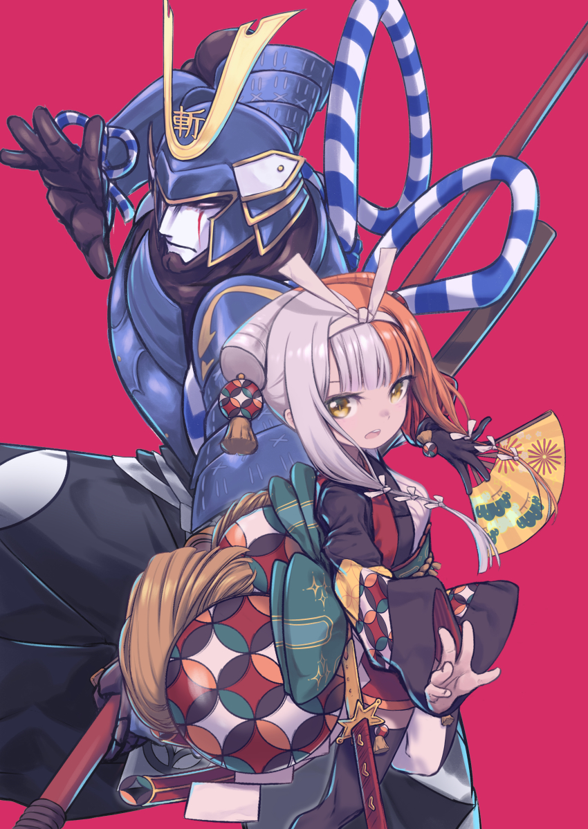 1girl absurdres armor blue_armor blunt_bangs blush breasts brown_hair daisi_gi fate/grand_order fate_(series) grey_pants hair_ornament hair_ribbon hakama hakama_pants helmet highres izumo_no_okuni_(fate) japanese_armor japanese_clothes kimono kote long_hair long_sleeves looking_at_viewer medium_breasts multicolored_hair open_mouth pants polearm ribbon robot rope shoulder_armor sidelocks silver_hair sode solo spear split-color_hair two-tone_hair weapon wide_sleeves yellow_eyes zanzaburou_(fate)