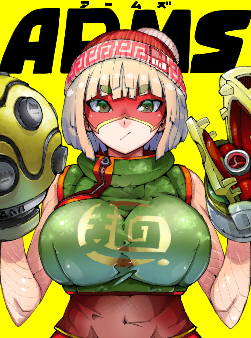 1girl arms_(game) badge beanie blonde_hair bob_cut button_badge domino_mask dragon_(arms) eyebrows_visible_through_mask green_eyes hat highres knit_hat logo mask megawatt_(arms) min_min_(arms) nintendo redrawn short_hair solo takayama_toshinori yellow_background
