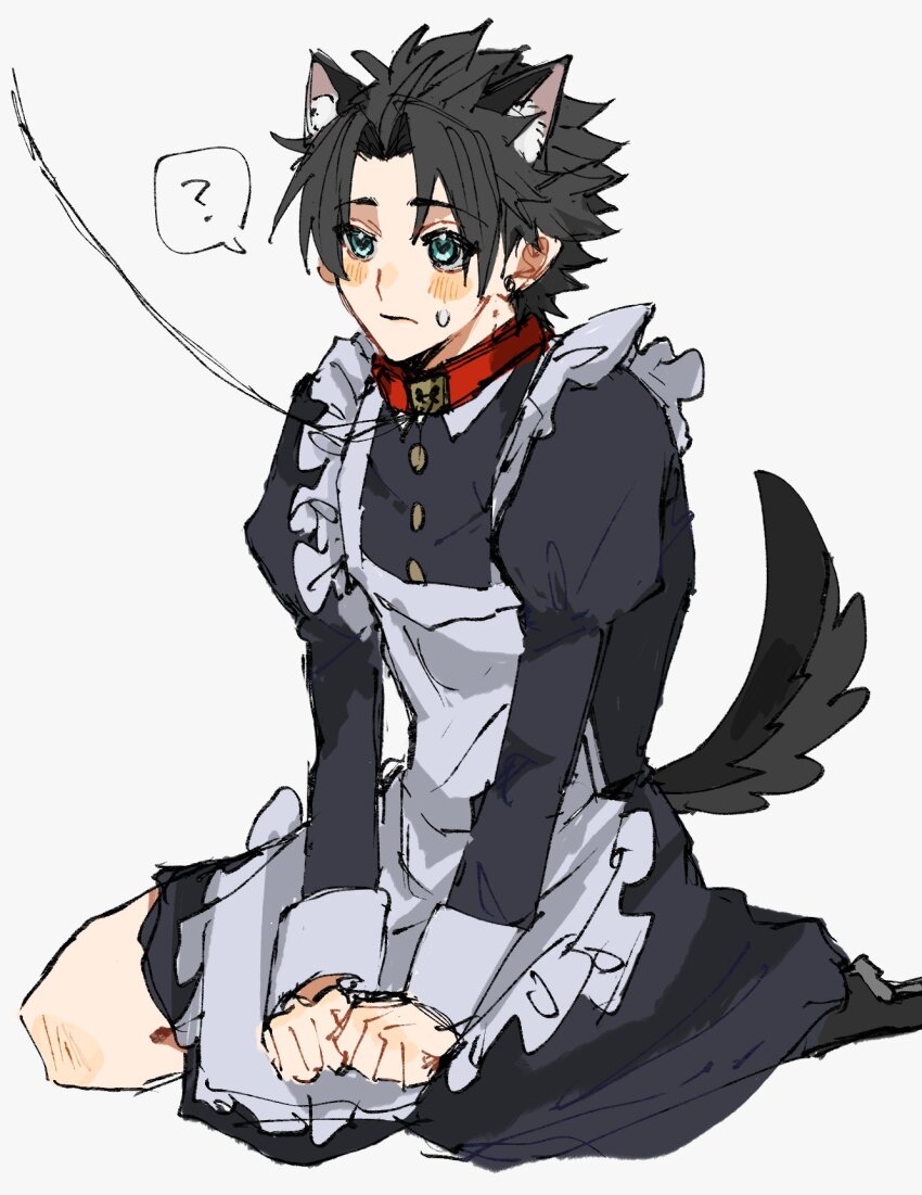 1boy alternate_costume apron black_dress black_hair blue_eyes closed_mouth collar crossdressing crossdressing_(mtf) dress earrings final_fantasy final_fantasy_vii highres jewelry kemonomimi_mode leash long_sleeves maid male_focus male_maid mtr_dayoo on_floor short_hair single_earring sitting spiked_hair sweatdrop tail zack_fair