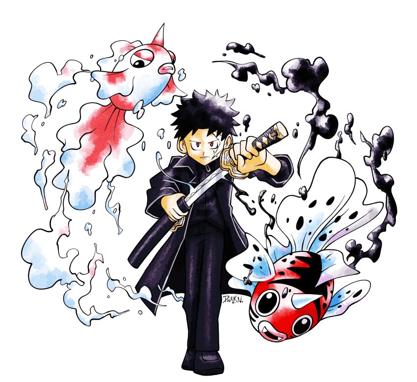 1boy absurdres artist_name black_footwear black_hair black_pants dwalkn gen_1_pokemon goldeen highres holding holding_sword holding_weapon kagurabachi kagurabachi_pose_(meme) katana looking_at_viewer meme nintendo pants pokemon pokemon_(creature) red_eyes rokuhira_chihiro scar seaking serious sheath simple_background standing sugimori_ken_(style) sword unsheathing weapon white_background
