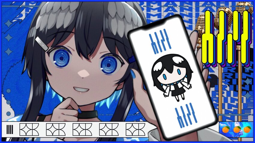 1girl black_choker black_dress black_hair blue_background blue_border blue_eyes blue_nails border cellphone choker commentary_request dress feathered_wings food fruit grin hands_up head_wings highres holding holding_phone indie_virtual_youtuber jacket kurata_rine kurata_rine_(vtuber) long_sleeves looking_at_viewer nail_polish open_clothes open_jacket orange_(fruit) phone ringed_eyes smile solo video_thumbnail virtual_youtuber white_jacket white_wings wings