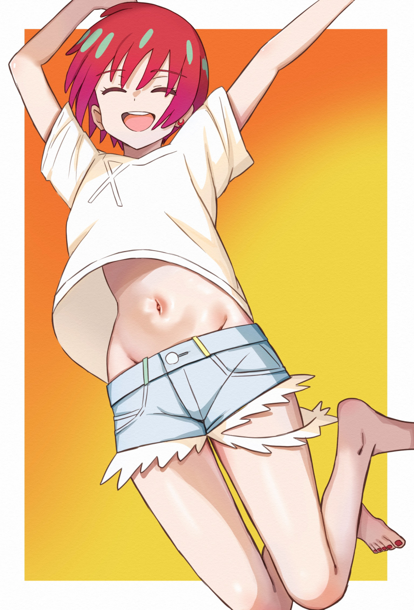 1girl :d ^_^ amate_yuzuriha barefoot blue_shorts closed_eyes commentary_request denim denim_shorts gradient_background groin gundam gundam_gquuuuuux highres jumping navel nootomo open_mouth orange_background red_hair shirt short_hair short_sleeves shorts smile solo t-shirt white_shirt