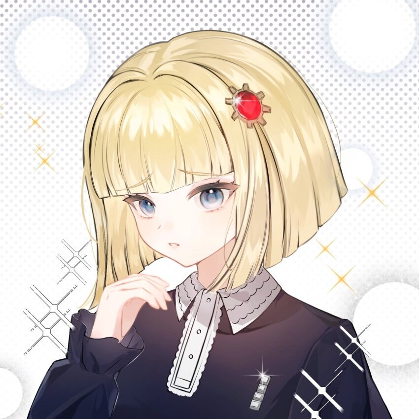1girl :o bare_shoulders black_dress blonde_hair blue_eyes blunt_bangs bob_cut commentary dress hair_ornament hashtag-only_commentary highres long_sleeves looking_at_viewer ocgiufl4whnc6n9 oosuzuki_kurara short_hair simple_background solo spoilers the_hundred_line_-last_defense_academy-