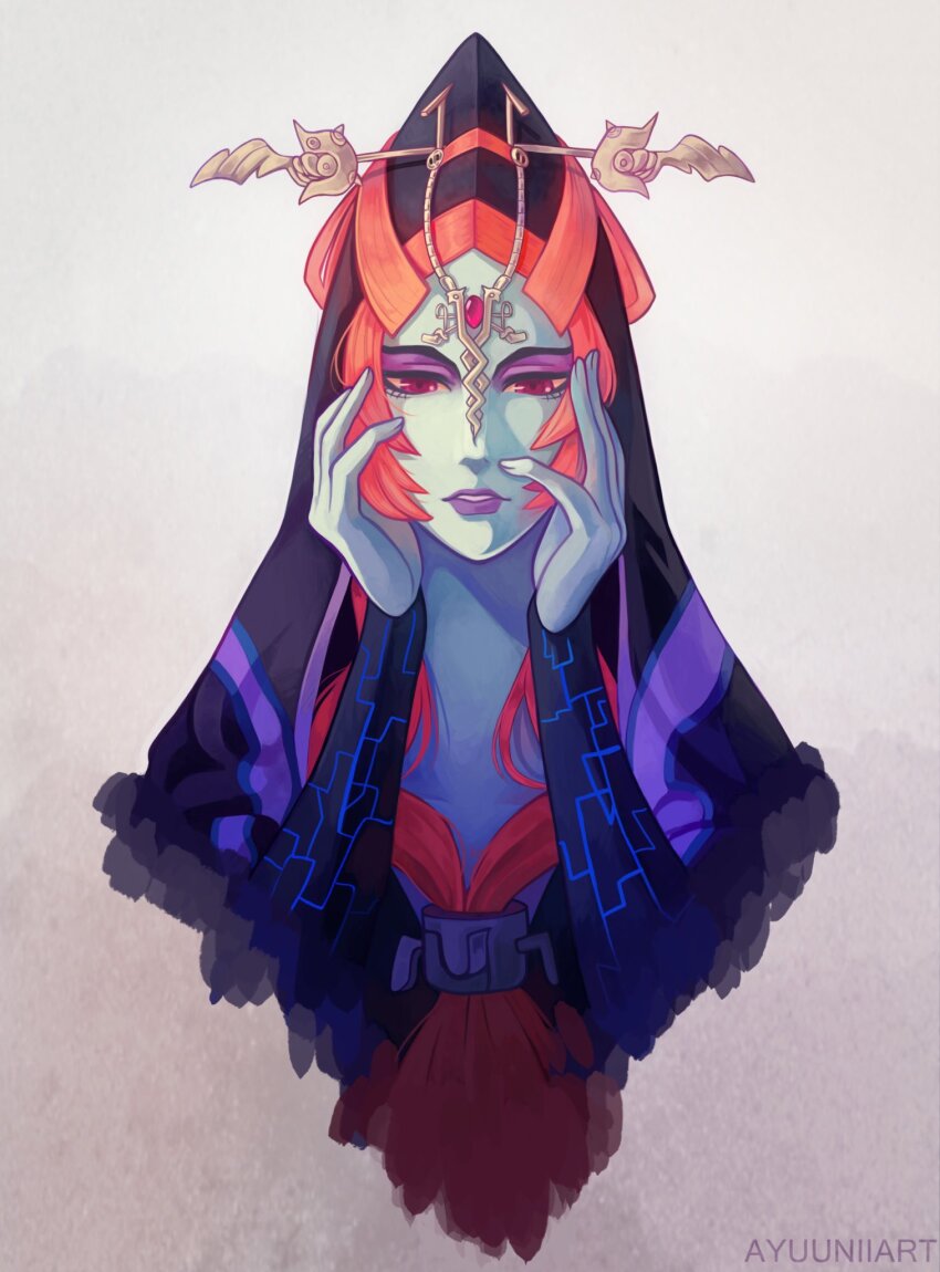 1girl artist_name blue_skin colored_skin commentary english_commentary eyeliner highres iubworks jewelry lipstick long_hair looking_at_viewer low-tied_long_hair makeup midna midna_(true) nintendo orange_eyes parted_lips purple_eyeliner purple_lips red_hair solo the_legend_of_zelda the_legend_of_zelda:_twilight_princess tiara upper_body