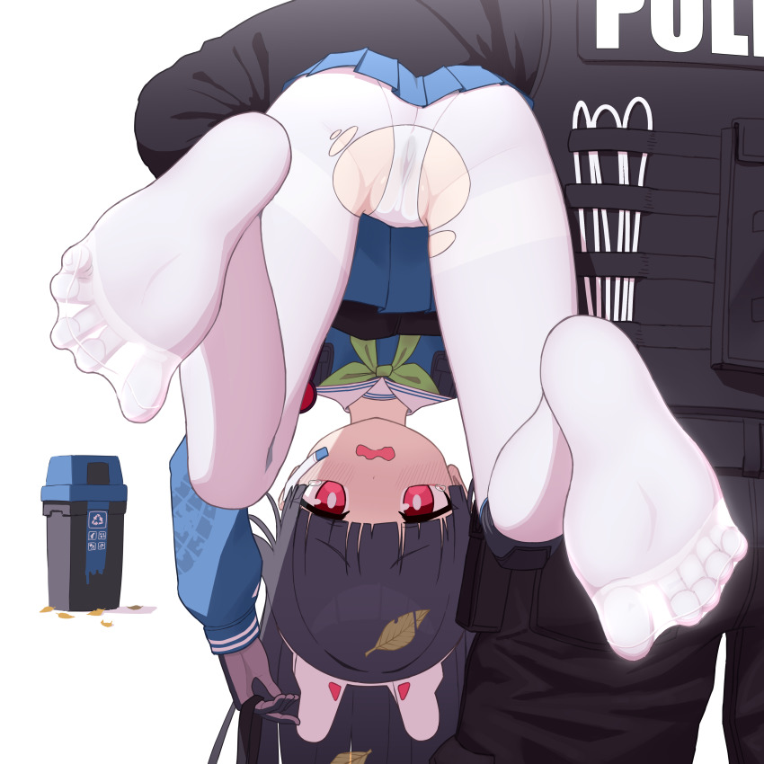 1girl absurdres black_hair blue_archive blue_serafuku blue_skirt cameltoe carrying carrying_person carrying_under_arm cromachina feet foot_focus foreshortening gloves green_neckerchief highres leaf leaf_on_head long_hair long_sleeves looking_at_viewer miyu_(blue_archive) neckerchief no_shoes open_mouth panties pantyhose police red_eyes school_uniform serafuku skirt soles solo_focus spread_toes tearing_up thighs toes torn_clothes torn_legwear trash_can underwear white_background white_panties white_pantyhose