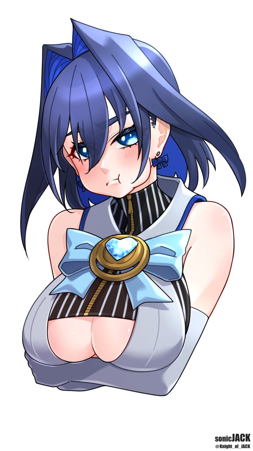 1girl :t arms_under_breasts artist_name bare_arms black_hair blue_bow blue_bowtie blue_hair blush bow bow_earrings bowtie breasts cleavage_cutout clothing_cutout colored_inner_hair commentary cropped_torso earrings elbow_gloves gloves hair_between_eyes hair_intakes heart-shaped_gem highres hololive hololive_english jewelry knight_of_jack large_breasts looking_at_viewer medium_hair multicolored_hair ouro_kronii ouro_kronii_(1st_costume) pout puffy_cheeks simple_background sleeveless solo twitter_username two-tone_hair upper_body virtual_youtuber white_background white_gloves zipper zipper_pull_tab