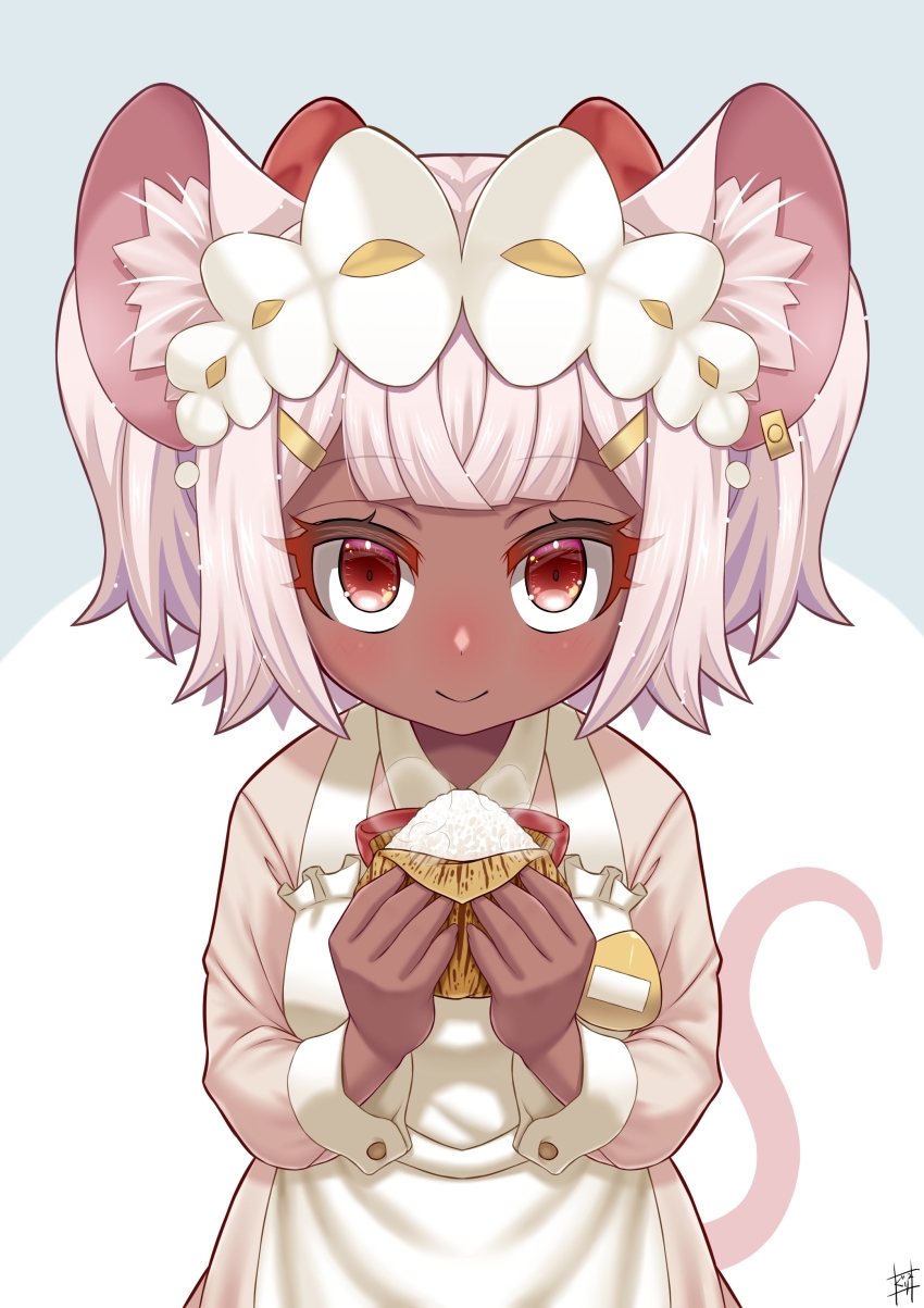 absurdres animal_ears apron blush breasts daikokuten_(fate) daikokuten_(first_ascension)_(fate) dark-skinned_female dark_skin dress fate/grand_order fate_(series) food grey_dress guriguri_(arayotto4351) highres long_sleeves looking_at_viewer maid_headdress mouse_ears mouse_girl mouse_tail onigiri red_eyes short_hair small_breasts smile solo tail twintails white_apron white_hair