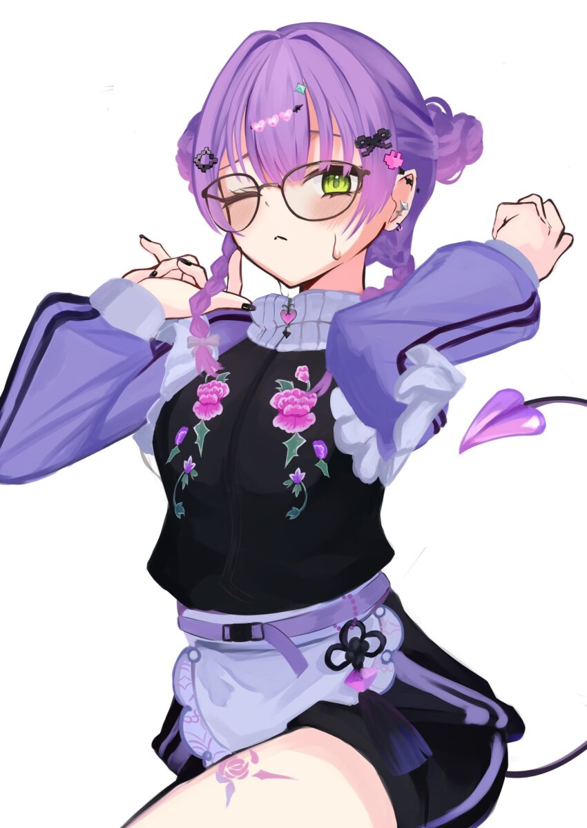 1girl apron barbell_piercing bespectacled black_nails blush braid demon_tail double_bun ear_piercing earrings fingernails floral_print_jacket flower glasses green_eyes hair_bun hands_up highres hololive industrial_piercing jacket jewelry leg_tattoo looking_at_viewer maid maid_apron multicolored_hair multiple_rings nail_polish official_alternate_costume official_alternate_hairstyle one_eye_closed piercing poteto25255 purple_hair ring rose shorts shorts_under_skirt simple_background skirt solo striped_clothes striped_shorts striped_skirt sweatdrop tail tattoo thighs tokoyami_towa tokoyami_towa_(8th_costume) track_jacket twin_braids unconventional_maid white_background