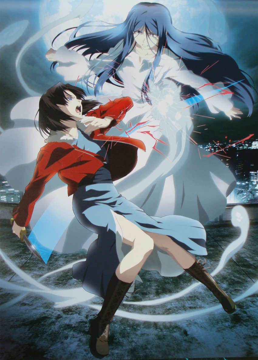 2girls battle black_hair blue_eyes blue_hair boots brown_hair dress fujou_kirie full_moon highres jacket japanese_clothes kara_no_kyoukai kimono knife long_hair moon multiple_girls obi pink_eyes red_jacket ryougi_shiki sash scan short_hair side_slit