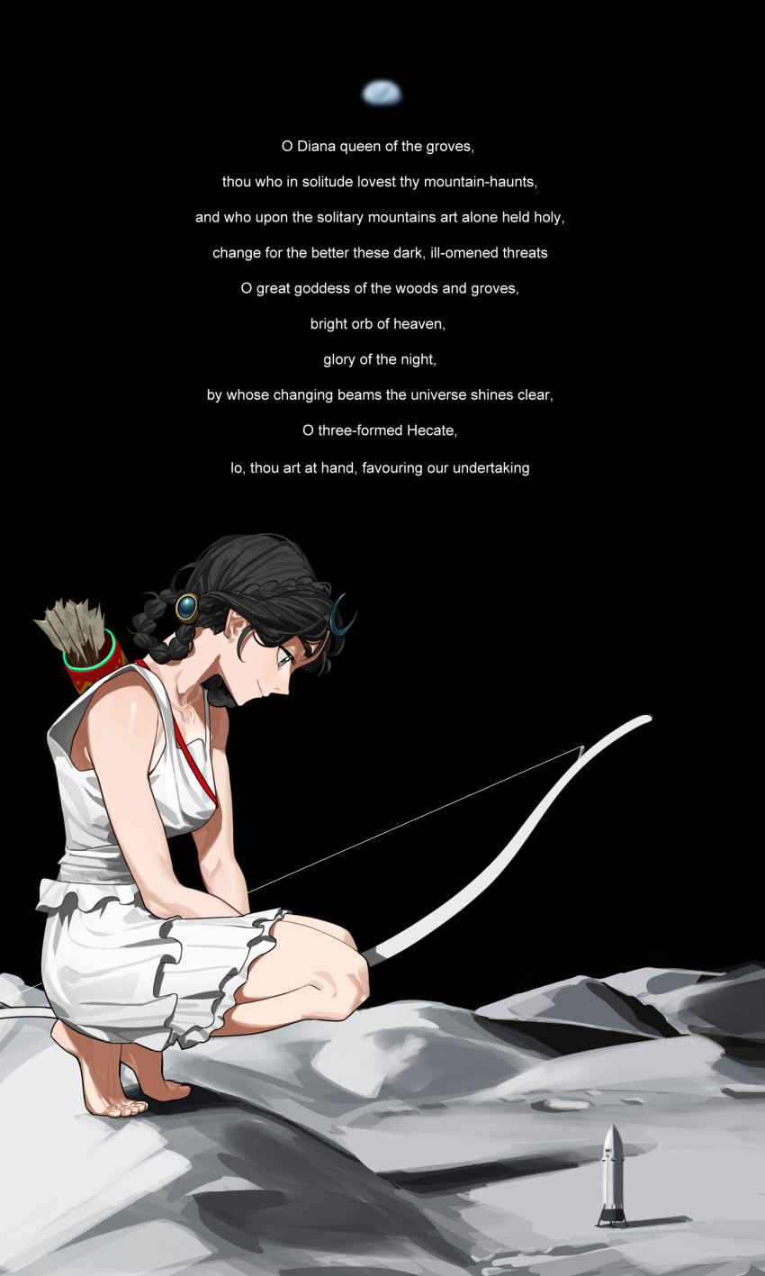 1girl absurdres ancient_greek_clothes artemis_(mythology) barefoot black_hair bow_(weapon) braid earth_(planet) english_text greco-roman_clothes greek_mythology highres looking_down moon nasa planet pzkpfwi quiver robe rocket space squatting toga weapon white_robe