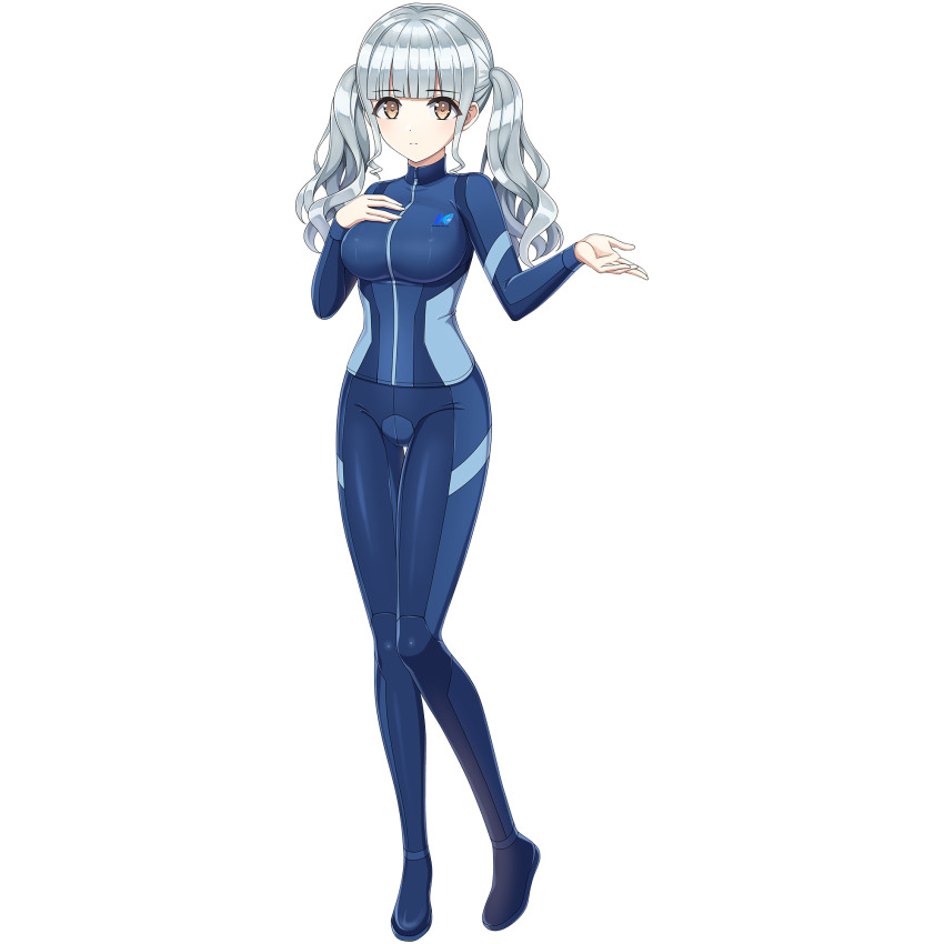 1girl blue_wetsuit blunt_bangs breasts brown_eyes deadpan dolphin_wave game_cg grey_hair hand_on_own_chest highres long_hair looking_at_viewer medium_breasts nagato_mei non-web_source official_alternate_costume official_art ootomo_takuji outstretched_hand transparent_background twintails wavy_hair