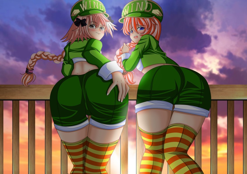 1boy 1girl androgynous artemisumi ass astolfo_(fate) blue_eyes blush bow braid cosplay cropped_jacket crossover fate/apocrypha fate/grand_order fate_(series) from_behind hand_on_ass hat highres leaning leaning_forward long_hair looking_at_viewer looking_back open_mouth pink_hair psychic_force short_shorts shorts single_braid smile striped_clothes striped_thighhighs sunset taito thighhighs trap very_long_hair wendy_ryan wendy_ryan_(cosplay)