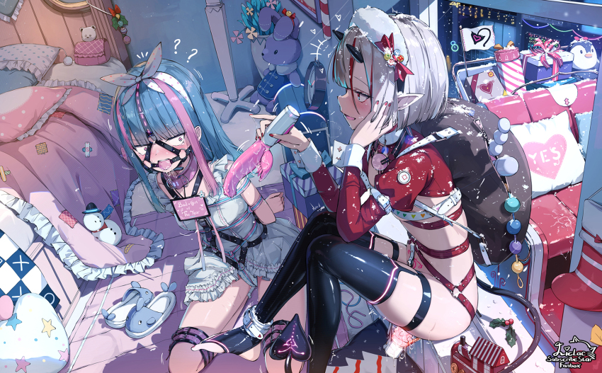 2girls arms_behind_back ball_gag bdsm black_thighhighs blue_hair bondage bound box breasts christmas collar crotch_rope demon_girl english_text femdom gag gag_harness gagged gift gift_box grey_hair highres horns indoors latex latex_thighhighs liclac multiple_girls object_insertion original pointy_ears red_eyes restrained ring_gag sadism saliva sex_toy shibari shibari_over_clothes small_breasts tail thighhighs tongue tongue_out unworn_gag vaginal vaginal_object_insertion vibrator zettai_ryouiki