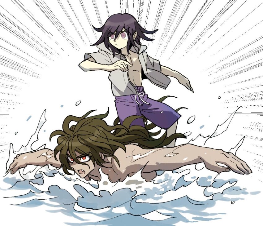2boys danganronpa_(series) danganronpa_s:_ultimate_summer_camp danganronpa_v3:_killing_harmony emphasis_lines fang gokuhara_gonta green_hair grey_jacket hood hooded_jacket jacket kumakoro_(tetsupag) male_focus male_swimwear multiple_boys navel official_alternate_costume oma_kokichi open_clothes open_jacket open_mouth pink_male_swimwear standing surfing swimming water wet