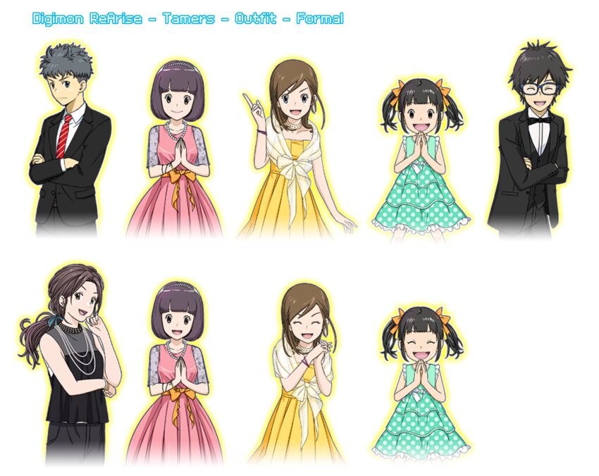 brown_hair digimon digimon_rearise dress glasses happy highres hiiragi_takumi kohinata_mayu looking_at_viewer necktie official_art shinjo_michi smile tamada_keito tamada_nozomi tsukimori_chihiro