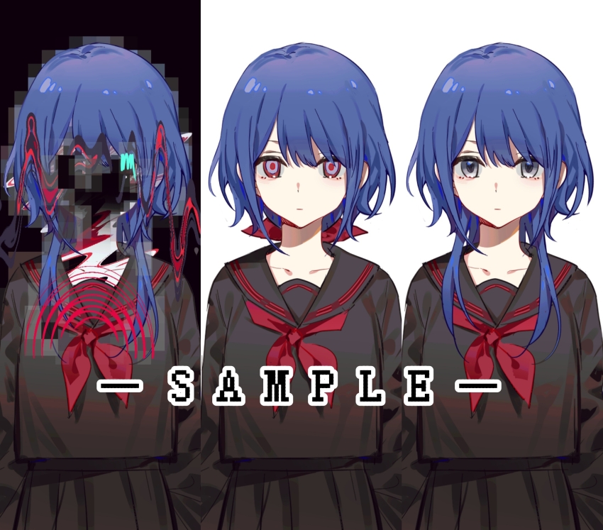1girl black_background black_sailor_collar black_serafuku black_shirt black_skirt blue_hair bow cardiogram censored censored_identity character_request chinese_commentary closed_mouth collarbone commentary_request copyright_request cowboy_shot dot_nose expressionless glitch hair_bow highres kitakawayui long_sleeves looking_at_viewer neckerchief pleated_skirt purple_eyes red_bow red_neckerchief red_pupils sailor_collar sample_watermark school_uniform serafuku shirt short_hair short_hair_with_long_locks skirt skirt_set straight-on two-tone_background variations watermark white_background