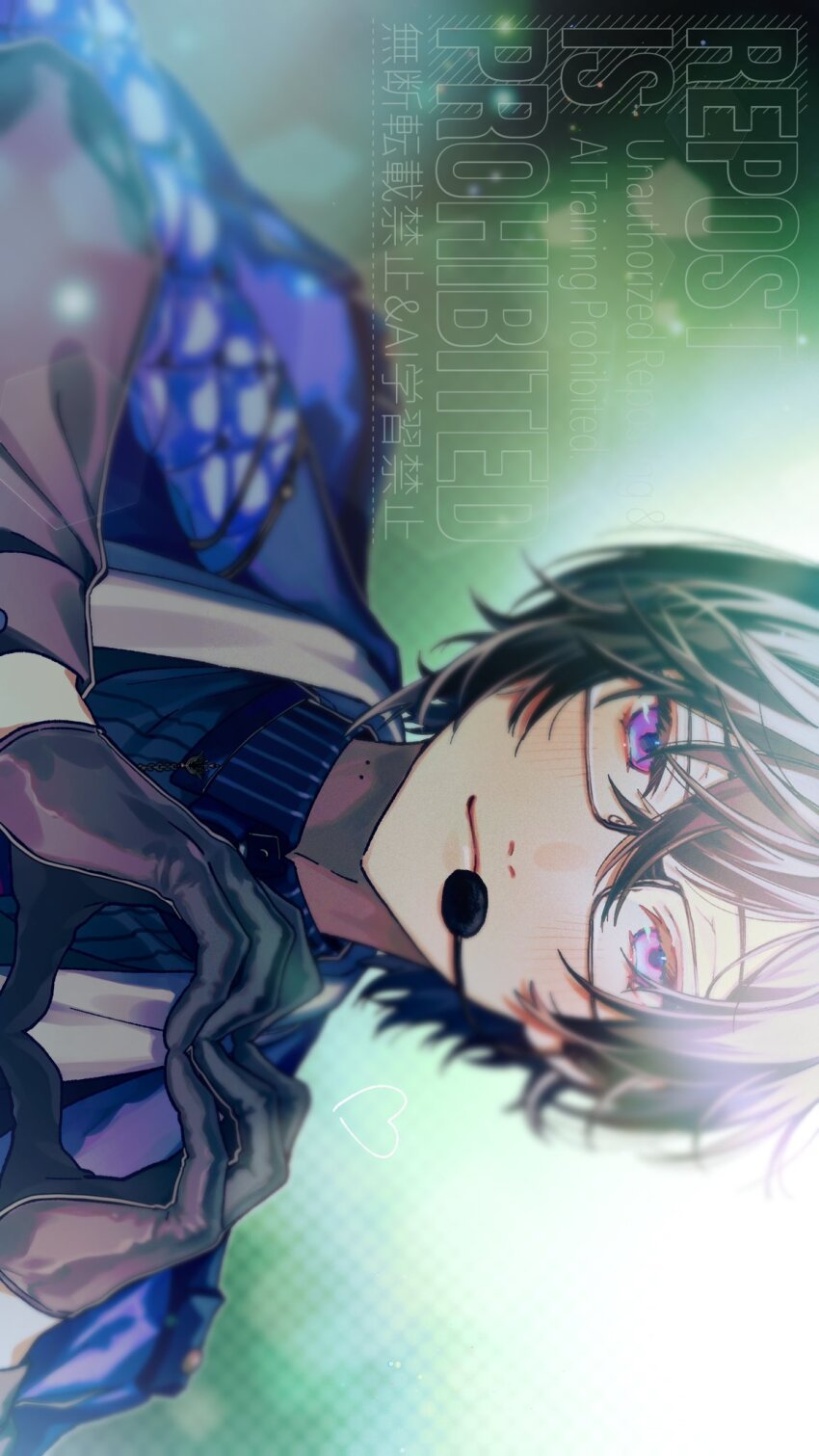 1boy black-framed_eyewear black_hair black_shirt blue_coat blue_eyes blurry blurry_background closed_mouth coat coat_on_shoulders collared_shirt commentary crossed_bangs earpiece glasses hair_between_eyes hands_up heart heart_hands highres kaburagi_(pnoir087) lens_flare light_particles looking_at_viewer male_focus microphone mole mole_on_neck nijisanji purple_eyes shikinagi_akira shikinagi_akira_(1st_costume) shirt short_hair sideways smile solo symbol-only_commentary upper_body virtual_youtuber watermark