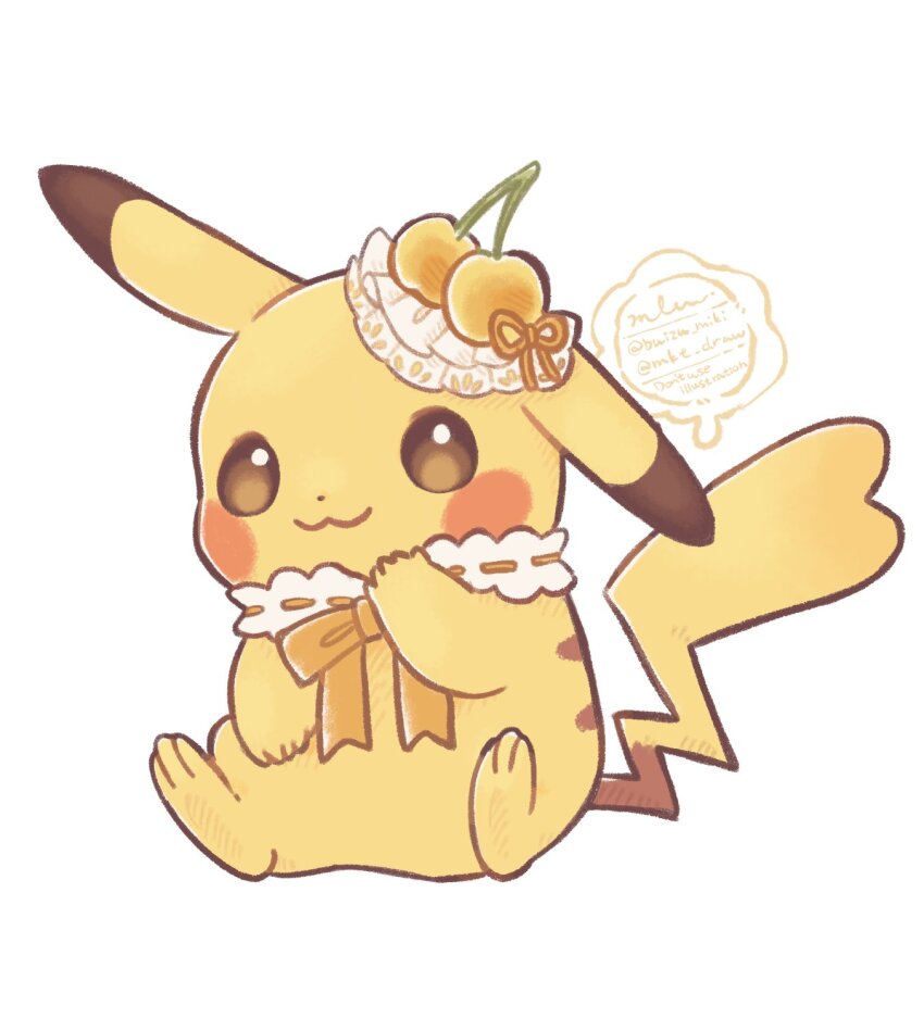 brown_eyes check_commentary cherry closed_mouth commentary_request food fruit full_body gen_1_pokemon hat highres mkt_(buizu-miki) nintendo no_humans pikachu pokemon pokemon_(creature) simple_background sitting smile tail twitter_username white_background