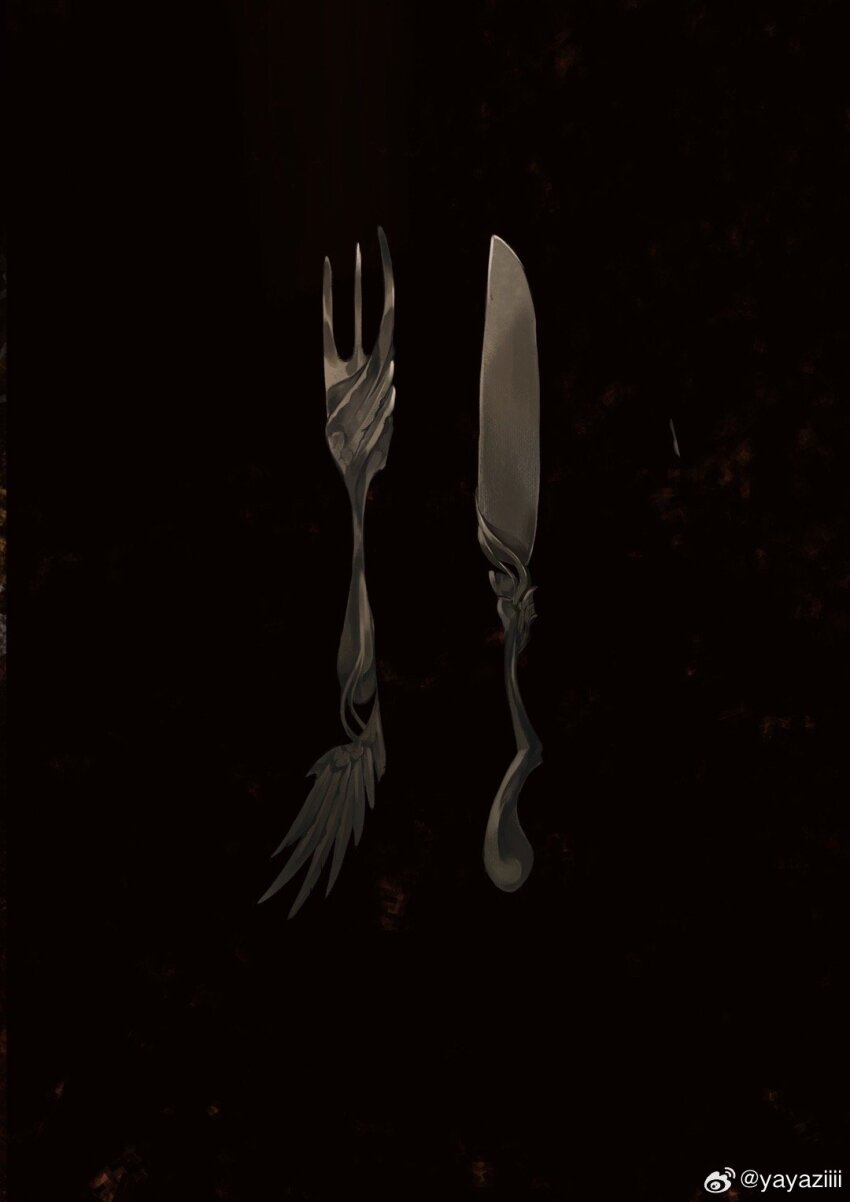 black_background chinese_commentary commentary_request dungeon_meshi fork french_commentary highres knife mixed-language_commentary no_humans object_focus simple_background watermark weibo_watermark wings yayaziiii