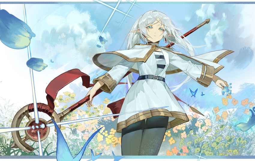 1girl absurdres belt black_pantyhose blue_butterfly blue_sky bug butterfly capelet deawei dress elf frieren green_eyes highres holding holding_staff insect long_hair nature pantyhose pointy_ears sky smile sousou_no_frieren staff thick_eyebrows white_capelet white_dress white_hair