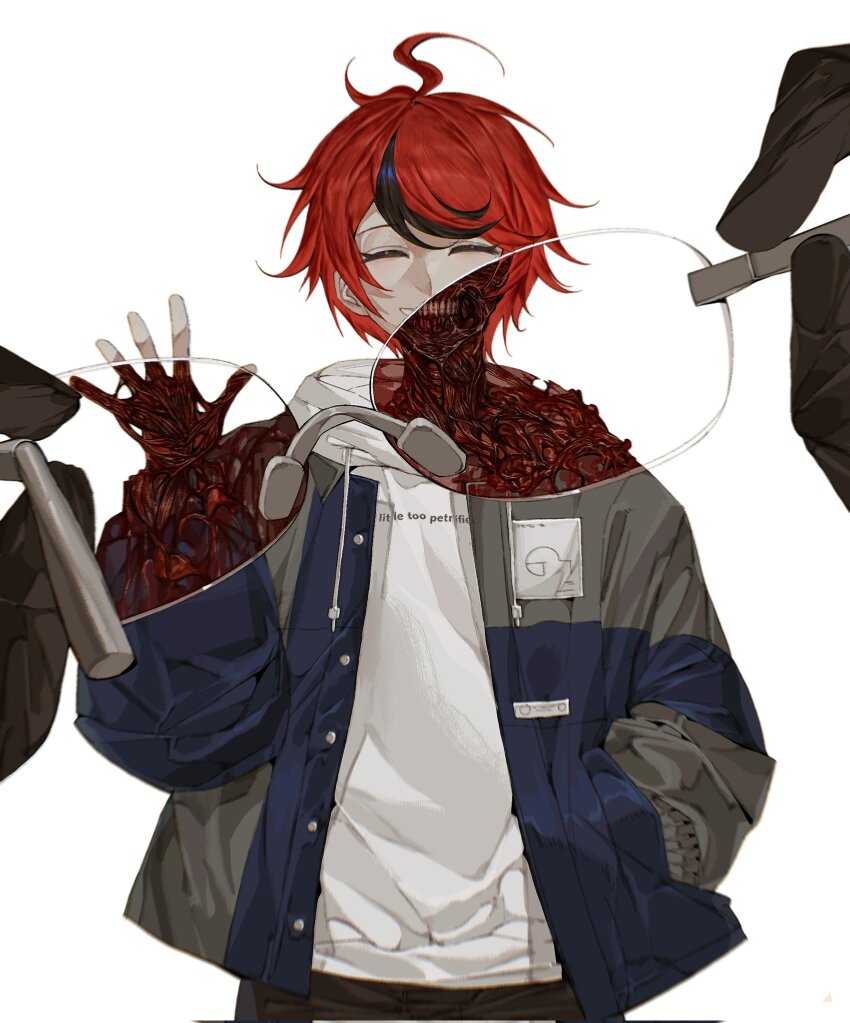 2boys ahoge aotsuki_eito black_gloves black_streaks blue_jacket body_horror closed_eyes commentary_request feet_out_of_frame glasses gloves hasu_(kirajellysoup) highres holding holding_removed_eyewear hood hoodie jacket jacket_over_hoodie looking_at_viewer luxembourgish_commentary male_focus multicolored_hair multicolored_jacket multiple_boys red_hair revealing_layer short_hair simple_background smile spoilers sumino_takumi the_hundred_line_-last_defense_academy- two-tone_jacket unworn_eyewear waving white_background
