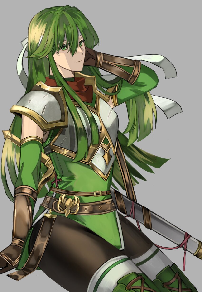 1girl arm_behind_head armor breastplate brown_gloves closed_mouth commentary_request fire_emblem fire_emblem:_mystery_of_the_emblem fire_emblem:_shadow_dragon_and_the_blade_of_light gloves gold_trim green_eyes green_hair grey_background hair_between_eyes headband highres invisible_chair long_hair nintendo omlililimo palla_(fire_emblem) shoulder_armor simple_background sitting solo white_headband