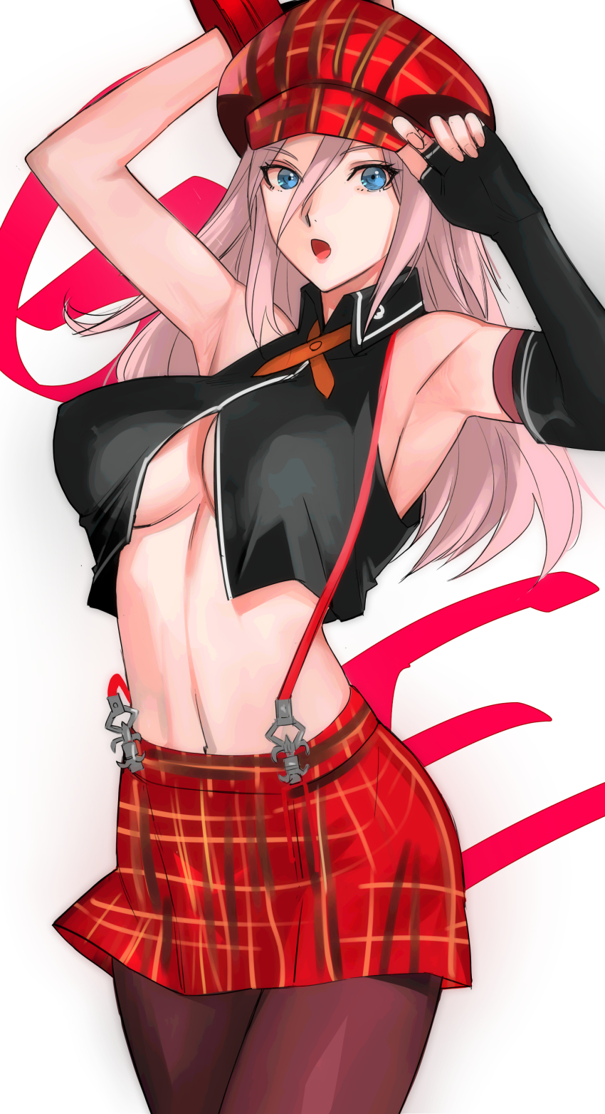 1girl absurdres adjusting_clothes adjusting_headwear alisa_ilinichina_amiella armpits blonde_hair blue_eyes bracelet breasts cleavage elbow_gloves fingerless_gloves fingernails gloves god_eater god_eater_2:_rage_burst hat highres jewelry large_breasts long_hair looking_at_viewer midriff miniskirt navel open_mouth pantyhose red_skirt skirt sleeveless solo stomach suspender_skirt suspenders suspenders_slip tetsu_(kimuchi)