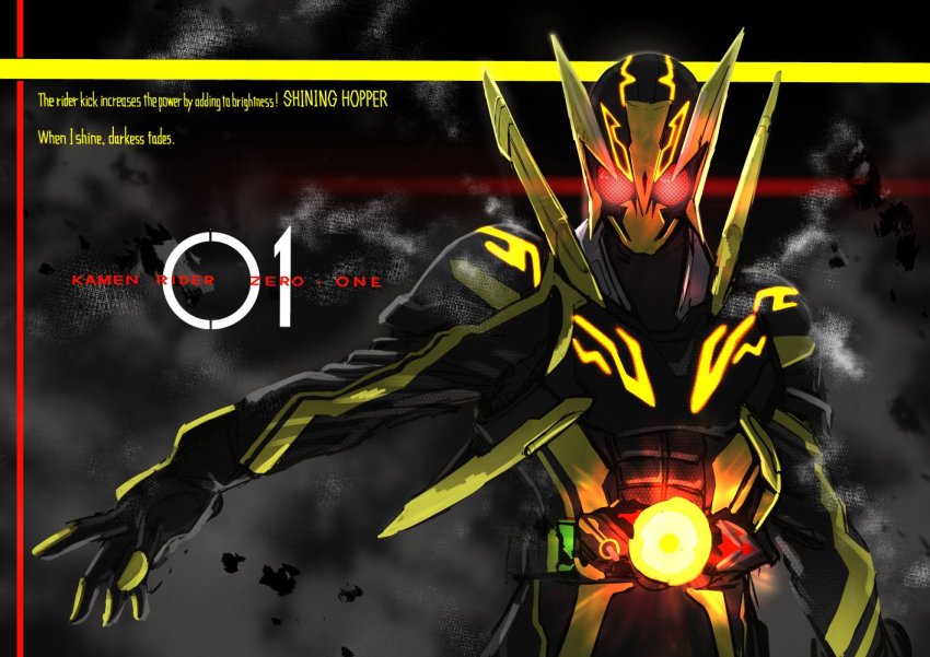 1boy alternate_costume antennae armor belt black_background bug english_text gloves glowing glowing_eyes grasshopper green_armor helmet insect kamen_rider kamen_rider_01_(series) kamen_rider_zero-one lee_brocco light lightning male_focus power_armor red_eyes rider_belt shining_hopper simple_background solo standing zero_one_driver