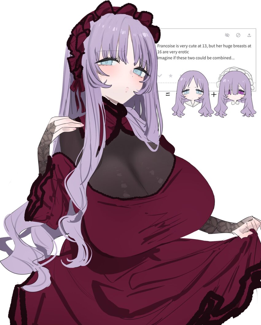 1girl blue_eyes breasts cleavage commentary dress english_text eurasia_(wtp09ptw14) flipped_sidelocks francoise_(eurasia) frilled_headwear hand_up hat headdress highres huge_breasts long_hair mob_cap multiple_views official_alternate_eye_color original purple_eyes purple_hair red_dress red_headdress request_inset simple_background symbol-only_commentary very_long_hair wavy_hair white_background
