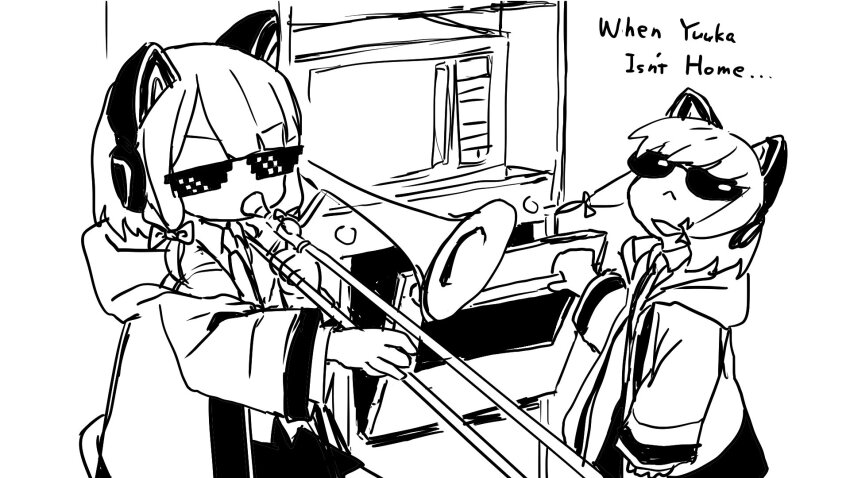 2girls blue_archive dress_shirt english_text highres jacket meme midori_(blue_archive) momoi_(blue_archive) monochrome multiple_girls necktie odayaka school_uniform shirt sunglasses twitter when_mama_isn&#039;t_home_(meme)