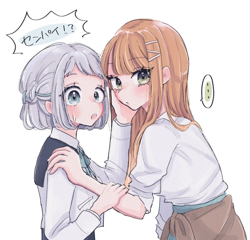 ... 2girls blush braid brown_car car cardigan cardigan_around_waist clothes_around_waist commentary_request gakuen_idolmaster grey_hair hair_ribbon half_up_braid hatsuboshi_gakuen_school_uniform highres idolmaster jacket katsuragi_lilja long_hair looking_at_viewer looking_to_the_side motor_vehicle multiple_girls neck_ribbon nyako_(2446_ny) orange_eyes pov ribbon ribbon_braid school_uniform shirt shiun_sumika short_hair simple_background speech_bubble spoken_ellipsis sweatdrop translated upper_body white_background white_jacket white_shirt yuri