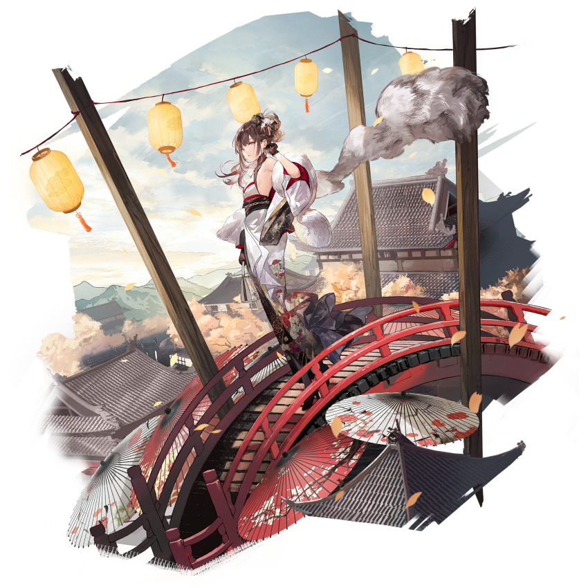 1girl adjusting_hair architecture artist_request black_gloves bridge brown_hair check_artist clutch_purse east_asian_architecture falling_leaves feather_boa flat_chest full_body game_cg girls&#039;_frontline girls&#039;_frontline_neural_cloud gloves guagua0313 hand_fan highres japanese_clothes kimie_(neural_cloud) kimono lantern leaf official_alternate_costume official_art paper_fan paper_lantern pink_eyes solo sunrise third-party_source tree