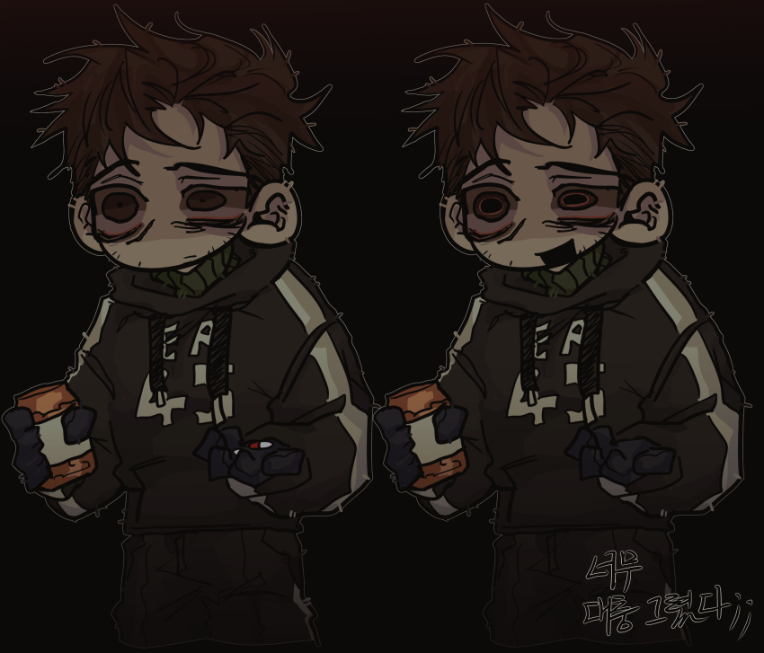 1boy :/ :d afraid_of_monsters bags_under_eyes black_gloves black_hoodie bloodshot_eyes brown_eyes brown_hair constricted_pupils cowboy_shot david_leatherhoff exhausted gloves highres holding hood hoodie ju-san male_focus messy_hair multiple_views open_mouth outstretched_hand pill pill_bottle print_hoodie short_hair smile the_addiction_(afraid_of_monsters) turtleneck