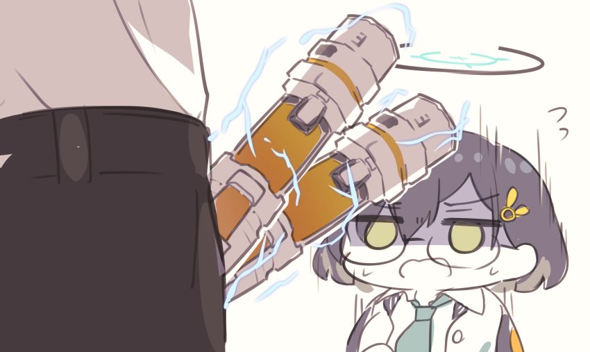 1boy 1girl black_hair blue_archive blue_necktie chibi chihiro_(blue_archive) damao_(kiwa777) flying_sweatdrops glasses green_eyes hair_between_eyes hair_ornament halo highres jacket koi_to_senkyo_to_chocolate necktie open_mouth pants phallic_symbol rabbit_hair_ornament sensei_(blue_archive) short_hair simple_background white_background