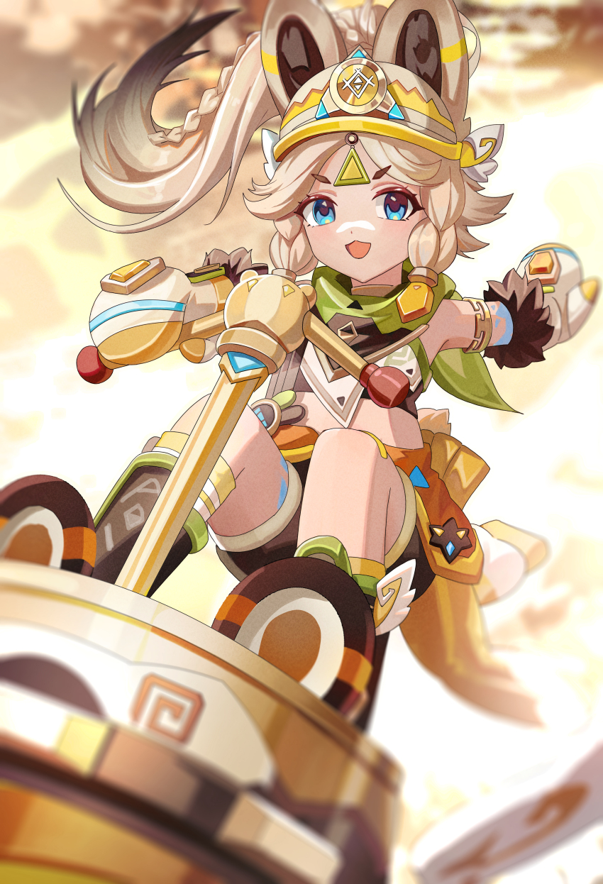 1girl absurdres animal_ears bandana bandana_around_neck blue_eyes blurry blurry_background body_markings boots braid brown_hair genshin_impact green_bandana hand_up highres kachina_(genshin_impact) long_hair looking_at_viewer midriff mittens open_mouth orange_mittens orange_visor outdoors smile socks solo standing visor_cap white_socks wuzhihuijia