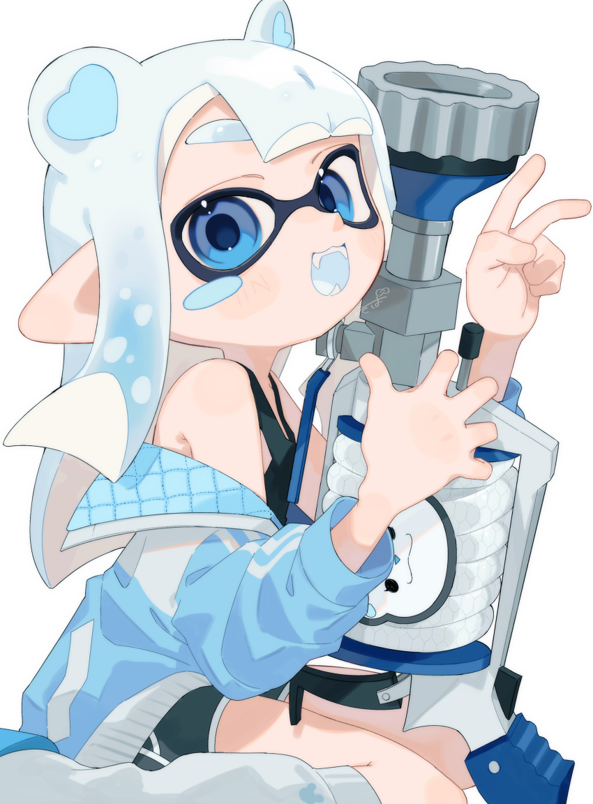1girl :d absurdres animal_ears bear_ears blue_eyes blue_jacket blunt_bangs blush clothing_request dolphin_shorts fangs h-3_nozzlenose_(splatoon) highres holding holding_weapon inkling inkling_girl inkling_player_character jacket leg_warmers nintendo off_shoulder open_mouth sabata_saba shorts sitting smile solo splatoon_(series) v wariza weapon white_hair white_leg_warmers