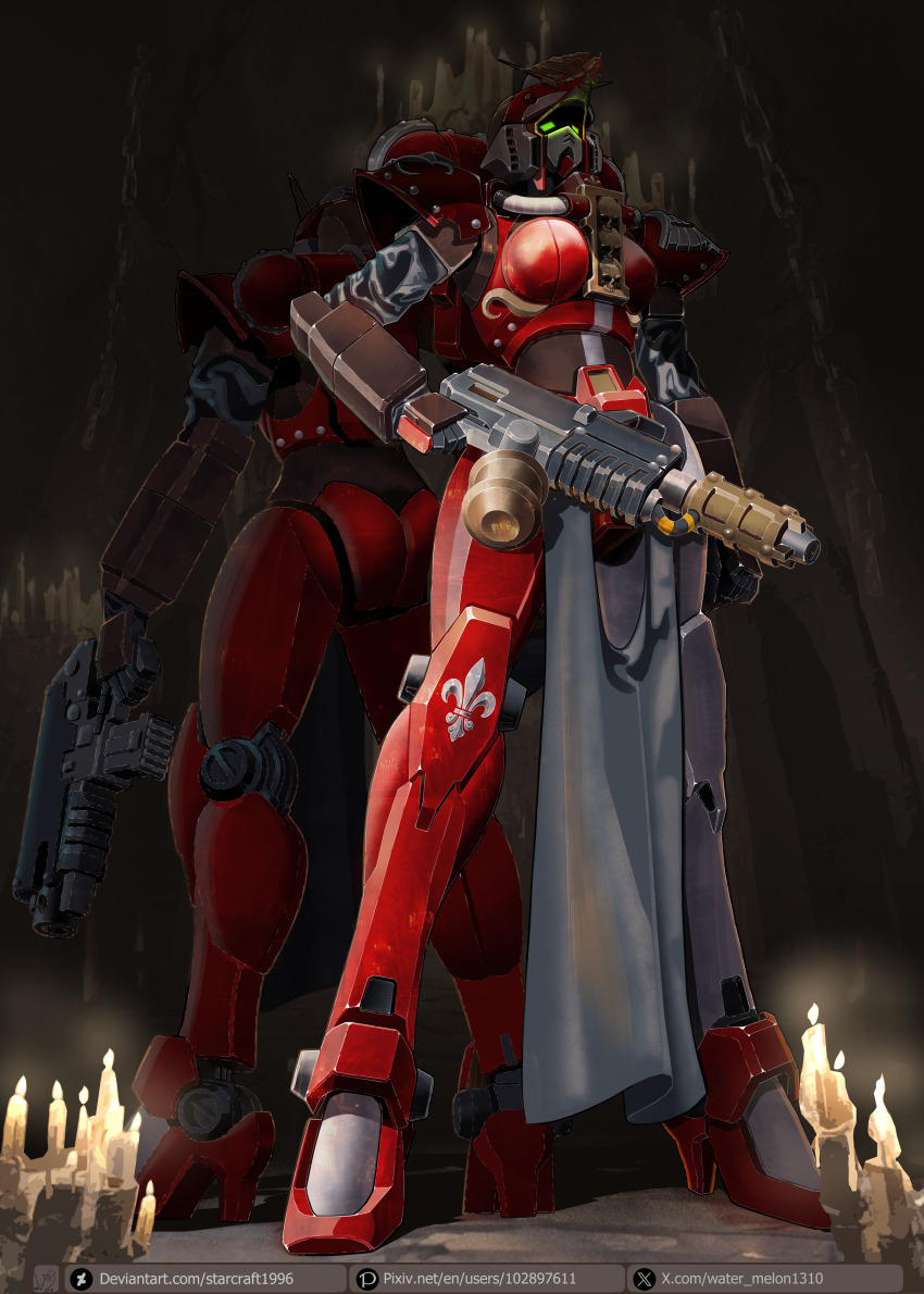 2girls absurdres adepta_sororitas armor artist_logo artist_name bolter boobplate breastplate brown_armor butt_crack candle candle_wax candlelight chain crossover deviantart_logo deviantart_username figurehead_(boat) flamer fleur-de-lis full_body fusion g_gundam glowing glowing_eyes green_eyes gun gundam high_heels highres holding holding_gun holding_weapon humanoid_robot indoors joints logo mecha mobile_suit multicolored_armor multiple_girls no_humans nobel_gundam ornate_armor pelvic_curtain pixiv_logo pixiv_username red_armor rivets robot robot_girl robot_joints science_fiction shoulder_armor skull skull_ornament tube twitter_username twitter_x_logo warhammer_40k watermelonsfw weapon white_armor