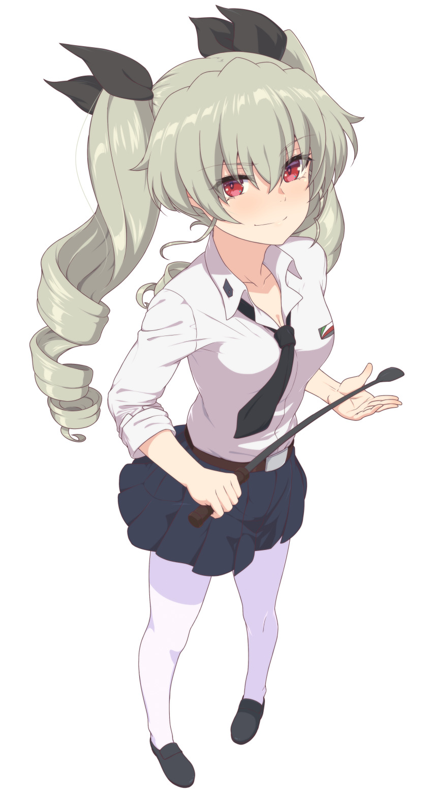 1girl absurdres ada_badguy anchovy_(girls_und_panzer) anzio_(emblem) anzio_school_uniform belt black_necktie black_ribbon black_shoes black_skirt blush breasts cleavage commentary_request dress_shirt drill_hair emblem full_body girls_und_panzer green_hair hair_ribbon highres holding holding_riding_crop loafers long_hair long_sleeves looking_at_viewer medium_breasts necktie pantyhose pleated_skirt red_eyes ribbon riding_crop school_uniform shirt shoes simple_background skirt sleeves_rolled_up smile solo standing twin_drills twintails white_background white_pantyhose white_shirt