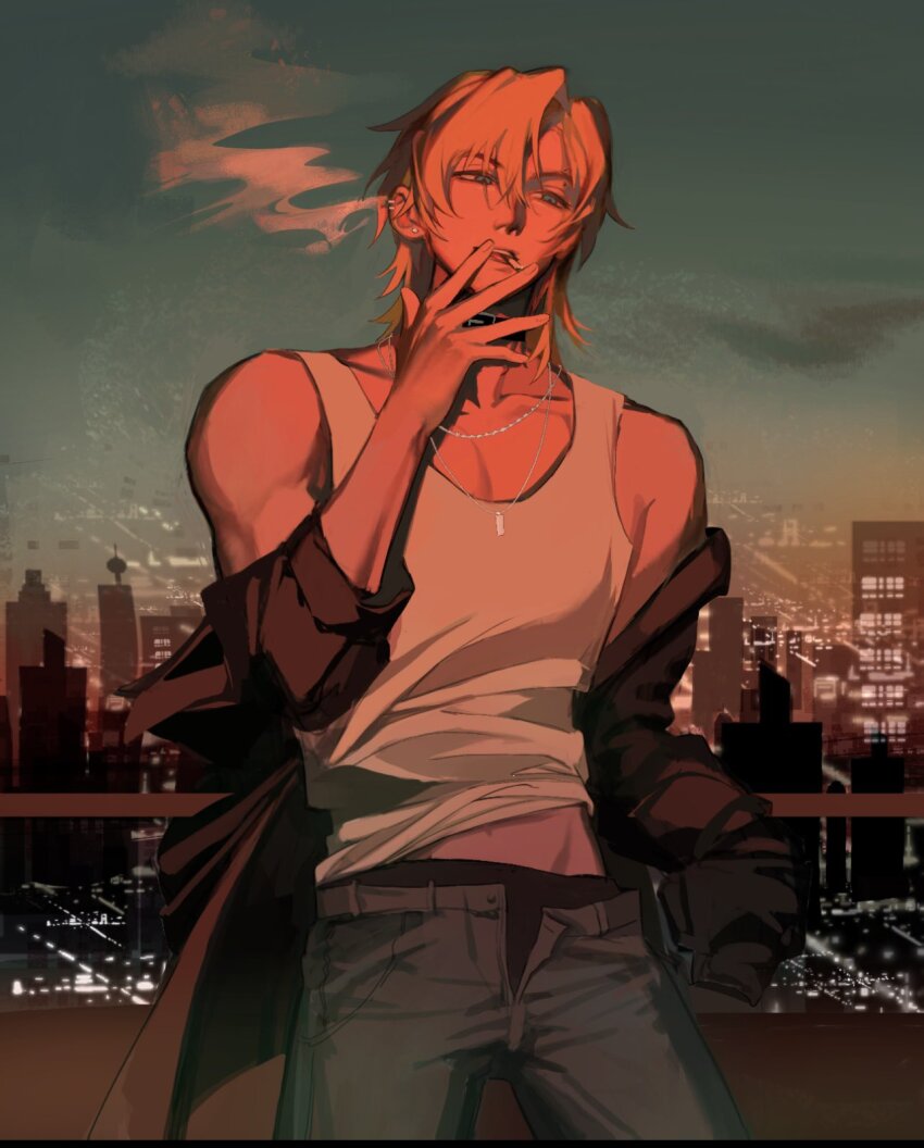 1boy black_jacket blonde_hair blue_eyes blue_jacket cigarette cityscape degrees_of_lewdity grey_pants highres jacket jewelry necklace off_shoulder outdoors owhe6xinjl66160 pants short_hair smoking solo tank_top white_tank_top whitney_(degrees_of_lewdity) whitney_(male)_(degrees_of_lewdity)