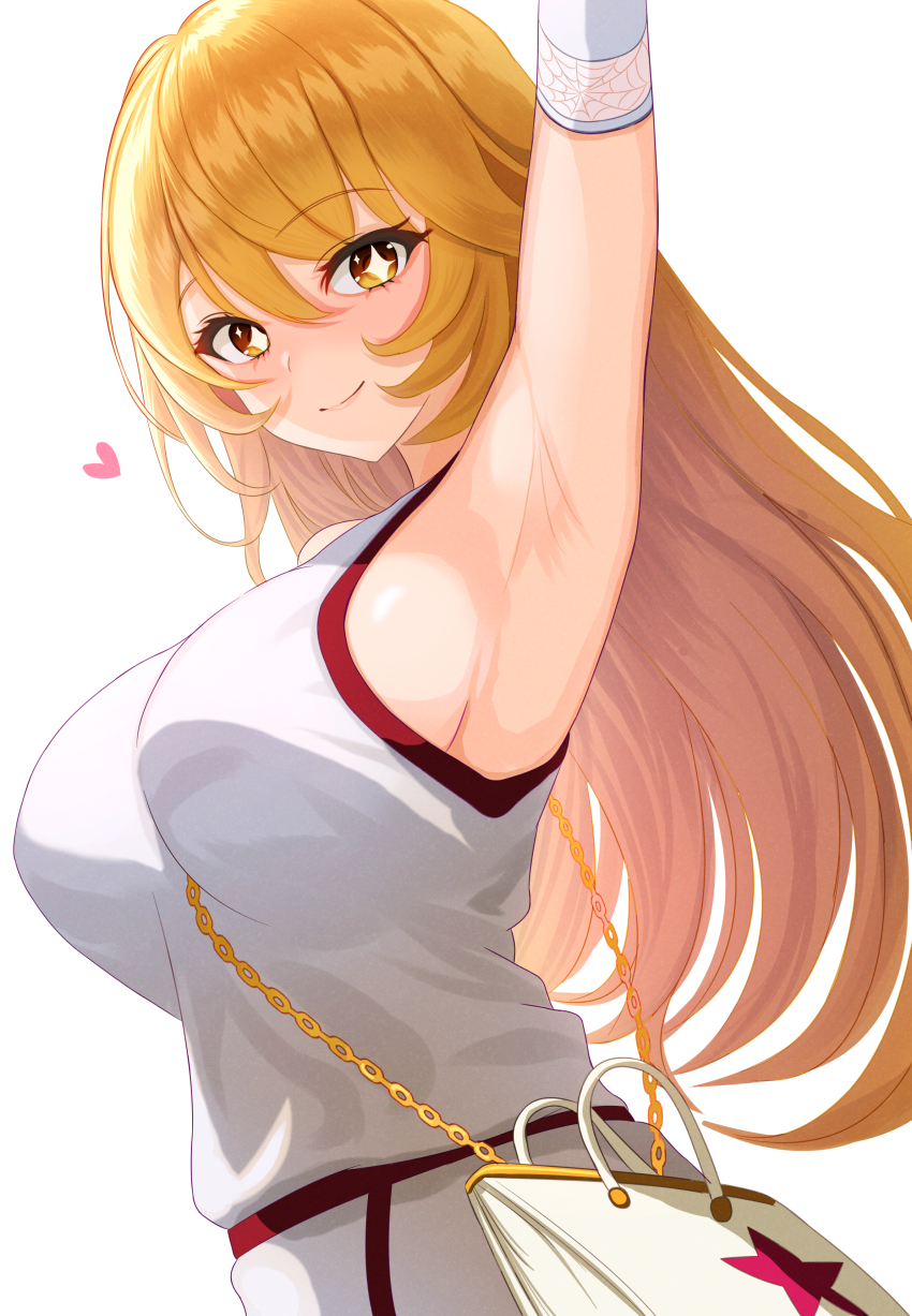 1girl absurdres arm_up armpits bag blonde_hair blush breasts bright_pupils brown_eyes closed_mouth gradient_eyes gym_shirt gym_shorts gym_uniform hair_between_eyes heart highres large_breasts long_hair multicolored_eyes ni_tamago_sando no_emblem shirt shokuhou_misaki shorts sideboob simple_background sleeveless sleeveless_shirt smile solo star-shaped_pupils star_(symbol) symbol-shaped_pupils toaru_kagaku_no_railgun toaru_kagaku_no_railgun_t toaru_majutsu_no_index tokiwadai_school_gym_uniform upper_body white_background white_pupils white_shirt white_shorts yellow_eyes