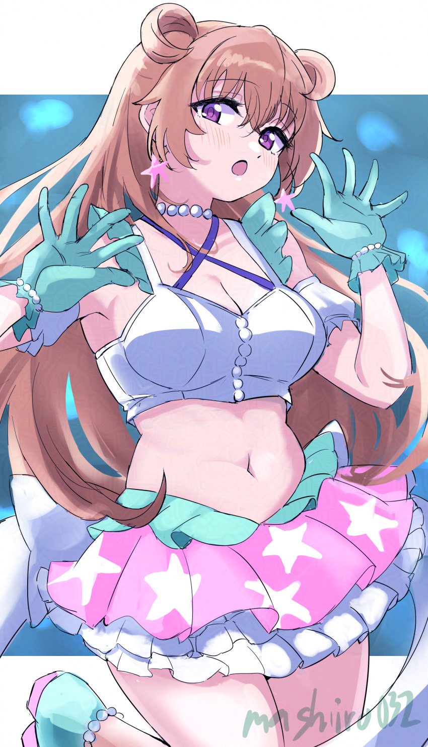 1girl :o absurdres aqua_gloves aqua_shoes blush breasts brown_hair cleavage collarbone commentary_request cowboy_shot crop_top daydream_mermaid earrings ereka frilled_skirt frills gloves hair_horns highres jewelry konoe_kanata large_breasts letterboxed long_hair looking_at_viewer love_live! love_live!_nijigasaki_high_school_idol_club love_live!_nijigasaki_high_school_idol_club_the_movie_-_finale miniskirt navel official_alternate_costume open_hands outside_border pink_skirt purple_eyes shoes skirt solo star_(symbol) star_earrings stomach