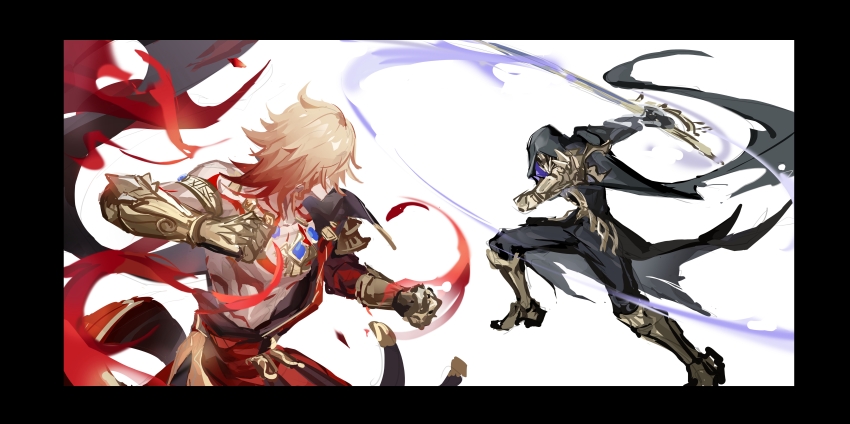 2boys absurdres arm_tattoo armlet armored_boots bare_pectorals black_border black_cloak black_coat black_pants blonde_hair boots border cape chest_tattoo chinese_commentary clawed_gauntlets clenched_hand cloak coat commentary_request fighting_stance flame_reaver_of_the_deepest_dark gold_armlet gold_necklace gradient_hair highres holding holding_sword holding_weapon honkai:_star_rail honkai_(series) hood hood_up hooded_cloak jewelry looking_at_another male_focus mask medium_hair mo_yu_xuanshou_ly multicolored_hair multiple_boys mydei_(honkai:_star_rail) necklace open_clothes open_coat pants pectorals red_cape red_hair red_tattoo simple_background sword tattoo toned toned_male weapon white_background